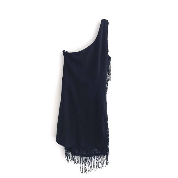 ArkCo | Anthropologie One Shoulder Dress Womens Size M Black Fringe Gatsby Mini - Picture 3 of 11